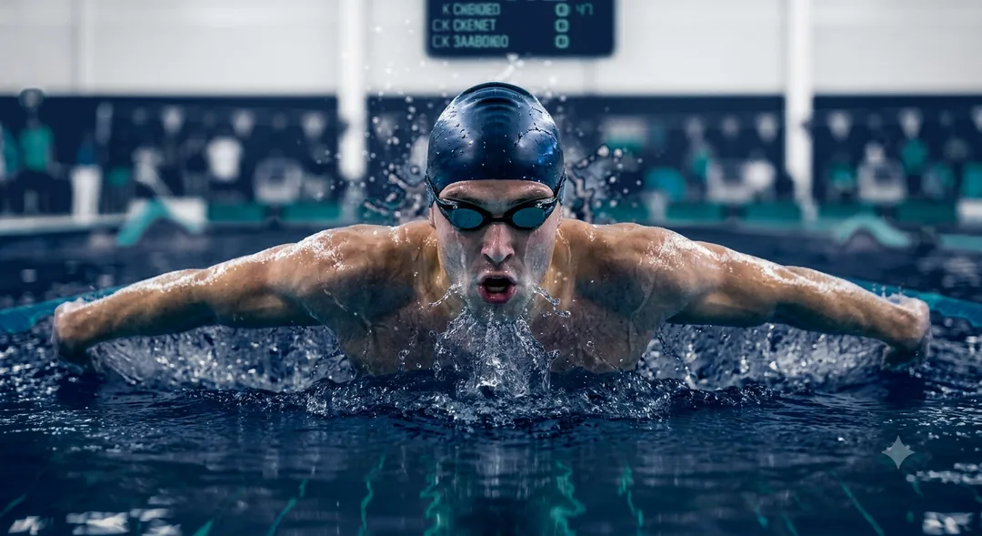 Ein Wettkampfschwimmer taucht beim Training mitten im Zug aus dem Wasser auf