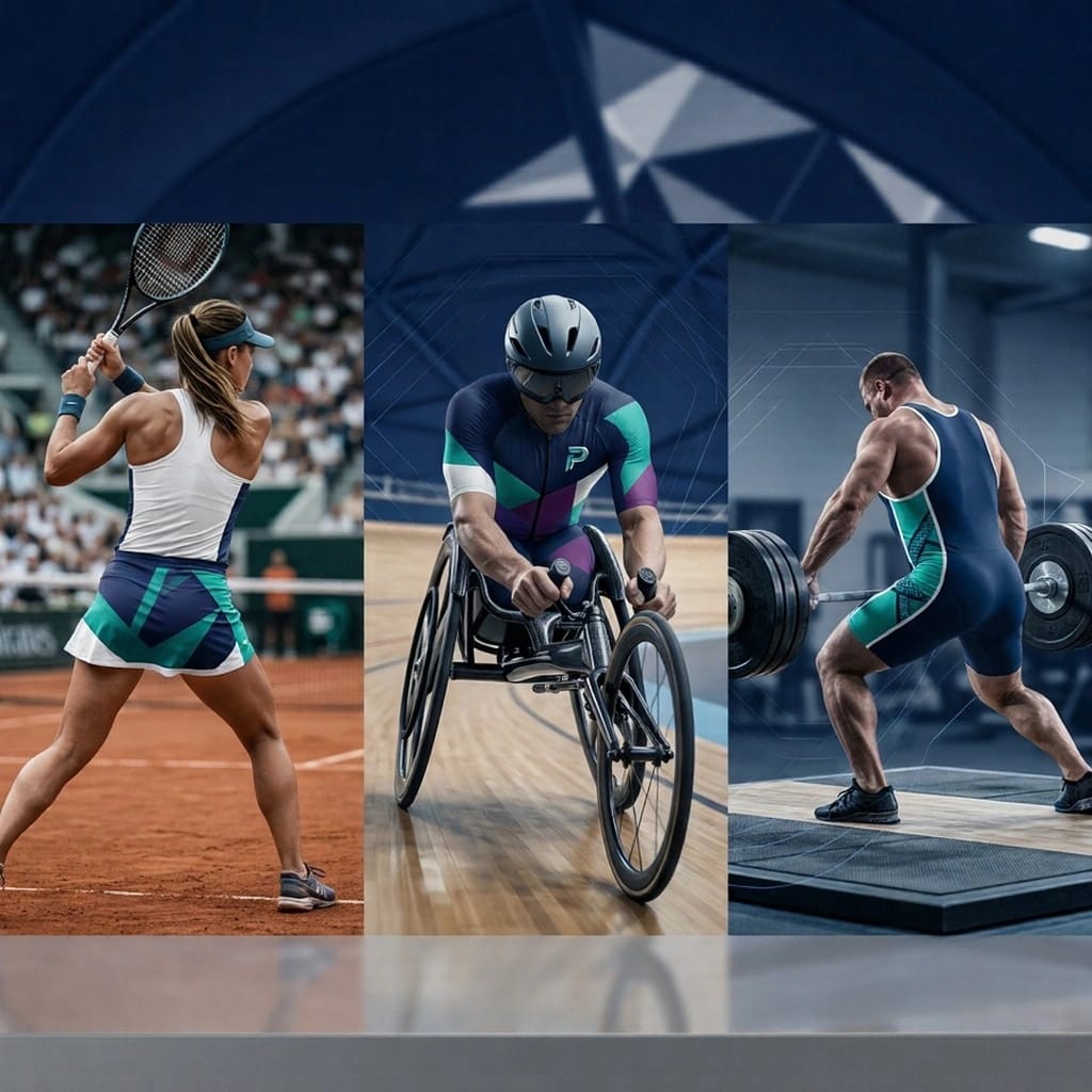 Eine Tennisspielerin, ein Rennrollstuhl-Sportler und ein Gewichtheber im Wettkampf